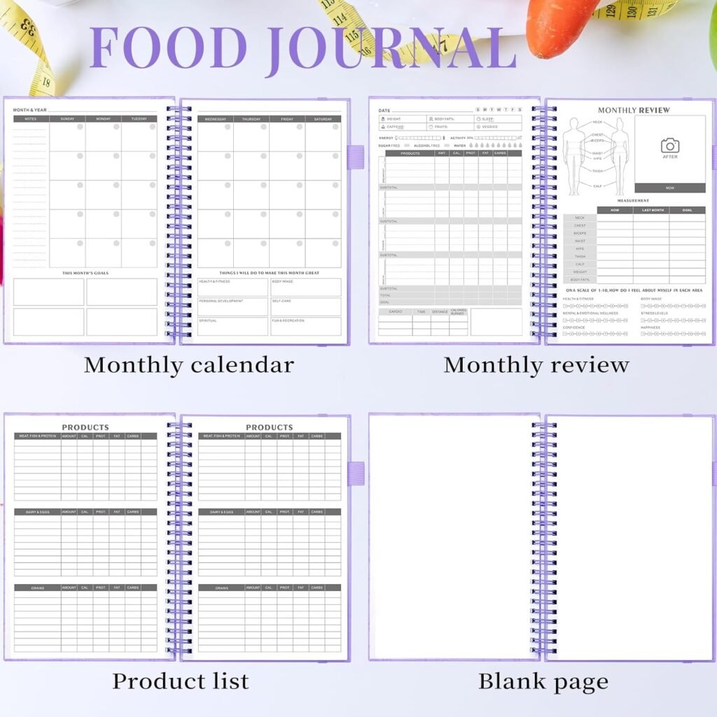 Food Journal for Women Weight Loss Journal Wellness Meal Planner A5 Size Food Dairy Calories Counter Book Hardcover Workout Planner Tracking Progress Undated-Purple