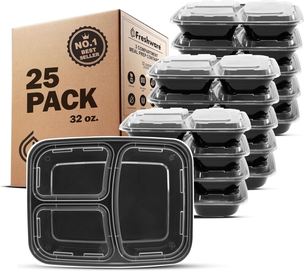 Freshware Meal Prep Containers [25 Pack] 3 Compartment with Lids, Food Storage Containers, Bento Box, Stackable, Microwave/Dishwasher Safe (32 oz)