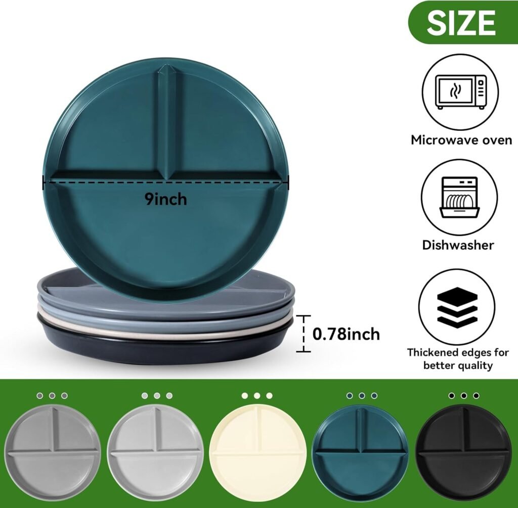 Portion Control Plate For Weight Loss 9 Inch 5Pcs, Round Divided Plates for Adults, 3 Compartment Plates is very thick and smooth,Suitable for Bariatric Diet…