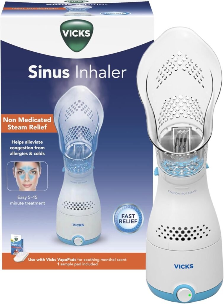 Vicks Sinus Inhaler - Non-Medicated Steam Relief for Allergies, Congestion, Cough  Colds, Facial Steamer, Soothes Nasal  Throat Passages, Use with VapoPads (1 Included), FSA  HSA Eligible